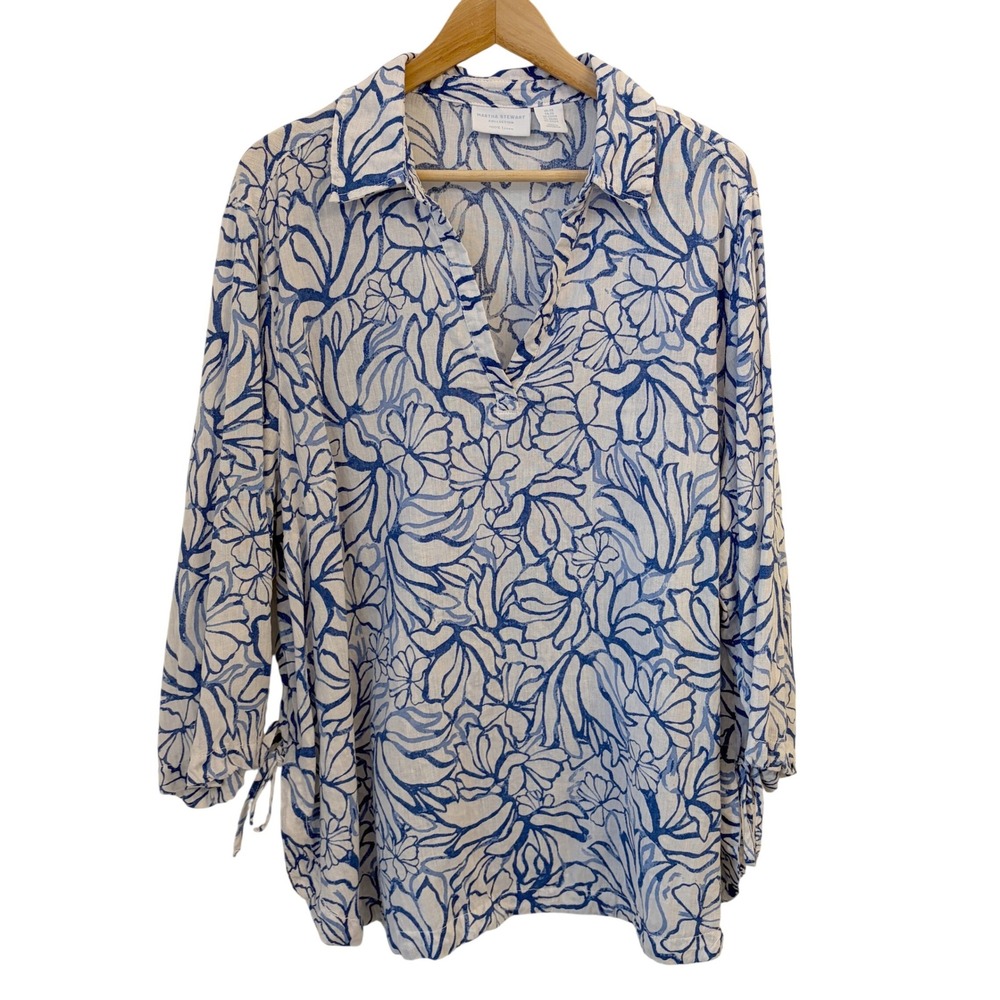 Martha Stewart Linen Tunic Top Womens 2X Coastal Floral Popover Shirt Relaxed
